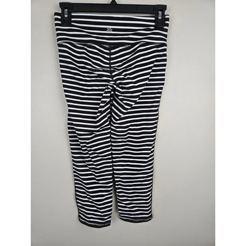 Athleta Womens Black White Striped Ruched Back Cropped‎ Yoga Leggings Small S